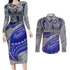 Personalised Canterbury-Bankstown Bulldogs Couples Matching Long Sleeve Bodycon Dress and Long Sleeve Button Shirt Polynesian Tribal Art Style With Powerful Bulldog Mascot