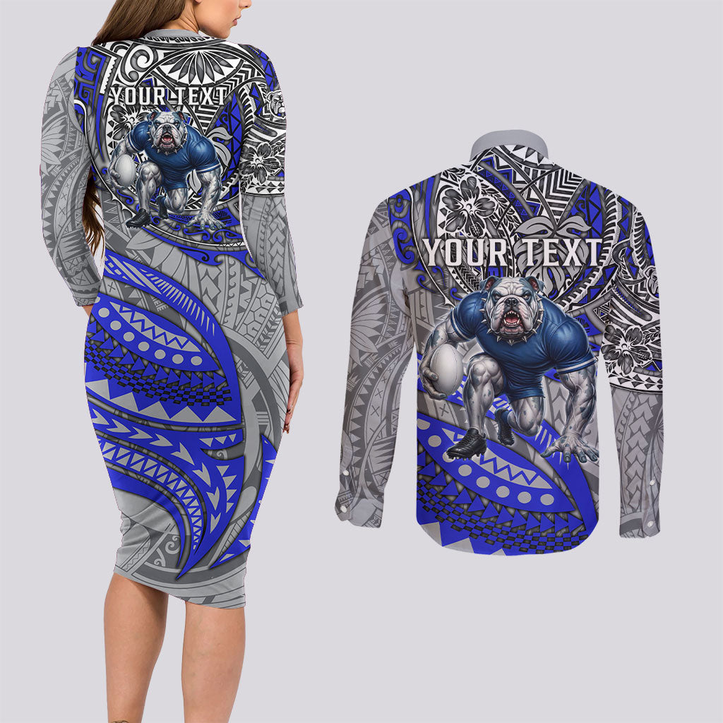 Personalised Canterbury-Bankstown Bulldogs Couples Matching Long Sleeve Bodycon Dress and Long Sleeve Button Shirt Polynesian Tribal Art Style With Powerful Bulldog Mascot