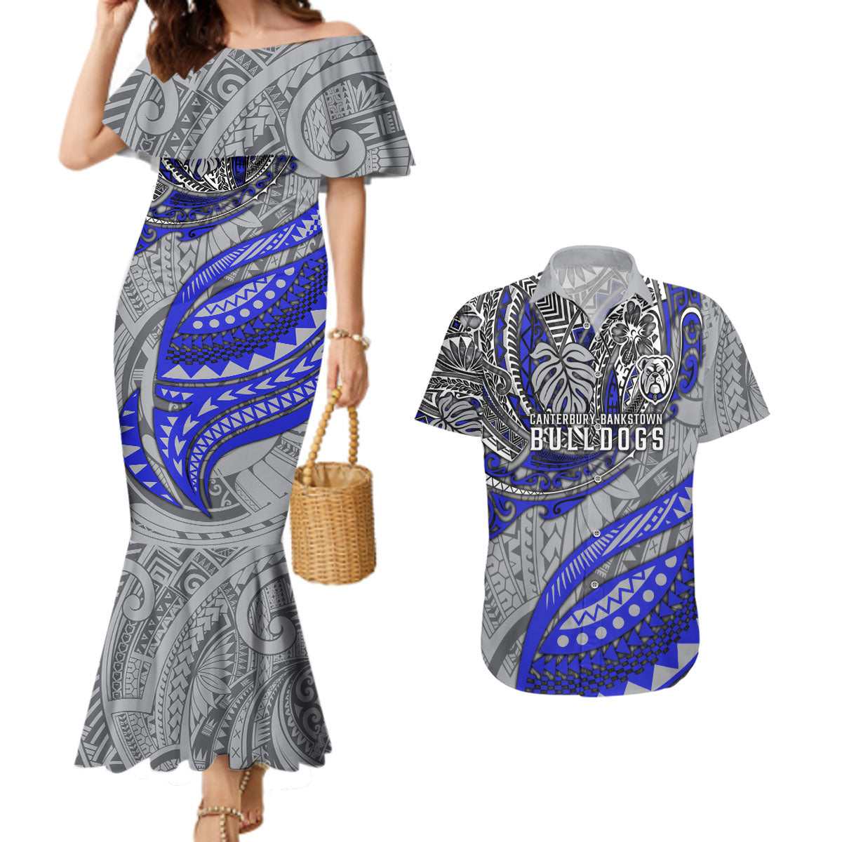 Personalised Canterbury-Bankstown Bulldogs Couples Matching Mermaid Dress and Hawaiian Shirt Polynesian Tribal Art Style With Powerful Bulldog Mascot