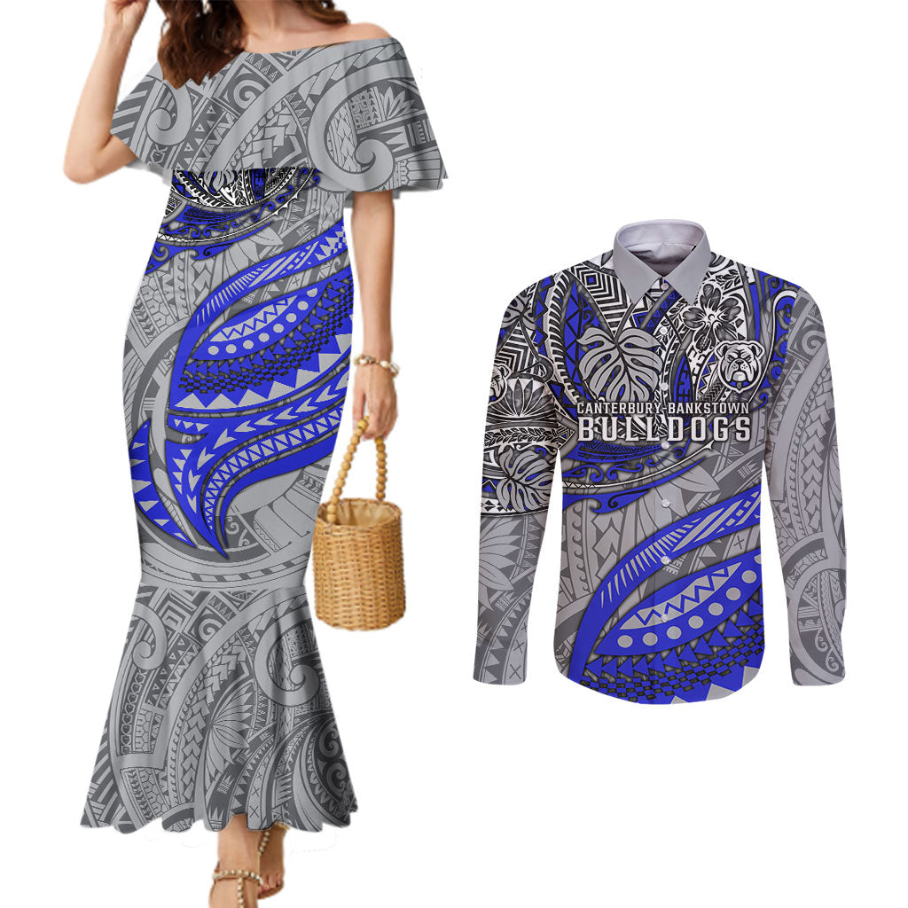 Personalised Canterbury-Bankstown Bulldogs Couples Matching Mermaid Dress and Long Sleeve Button Shirt Polynesian Tribal Art Style With Powerful Bulldog Mascot