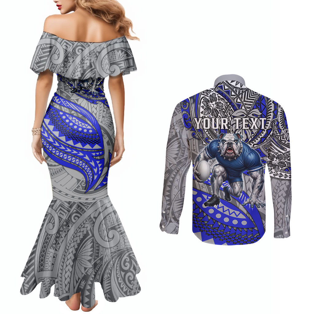 Personalised Canterbury-Bankstown Bulldogs Couples Matching Mermaid Dress and Long Sleeve Button Shirt Polynesian Tribal Art Style With Powerful Bulldog Mascot