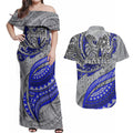 Personalised Canterbury-Bankstown Bulldogs Couples Matching Off Shoulder Maxi Dress and Hawaiian Shirt Polynesian Tribal Art Style With Powerful Bulldog Mascot