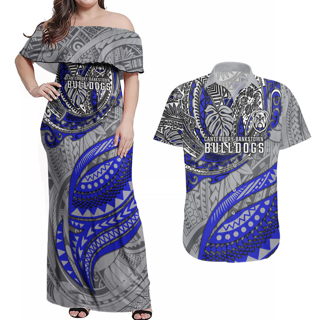 Personalised Canterbury-Bankstown Bulldogs Couples Matching Off Shoulder Maxi Dress and Hawaiian Shirt Polynesian Tribal Art Style With Powerful Bulldog Mascot