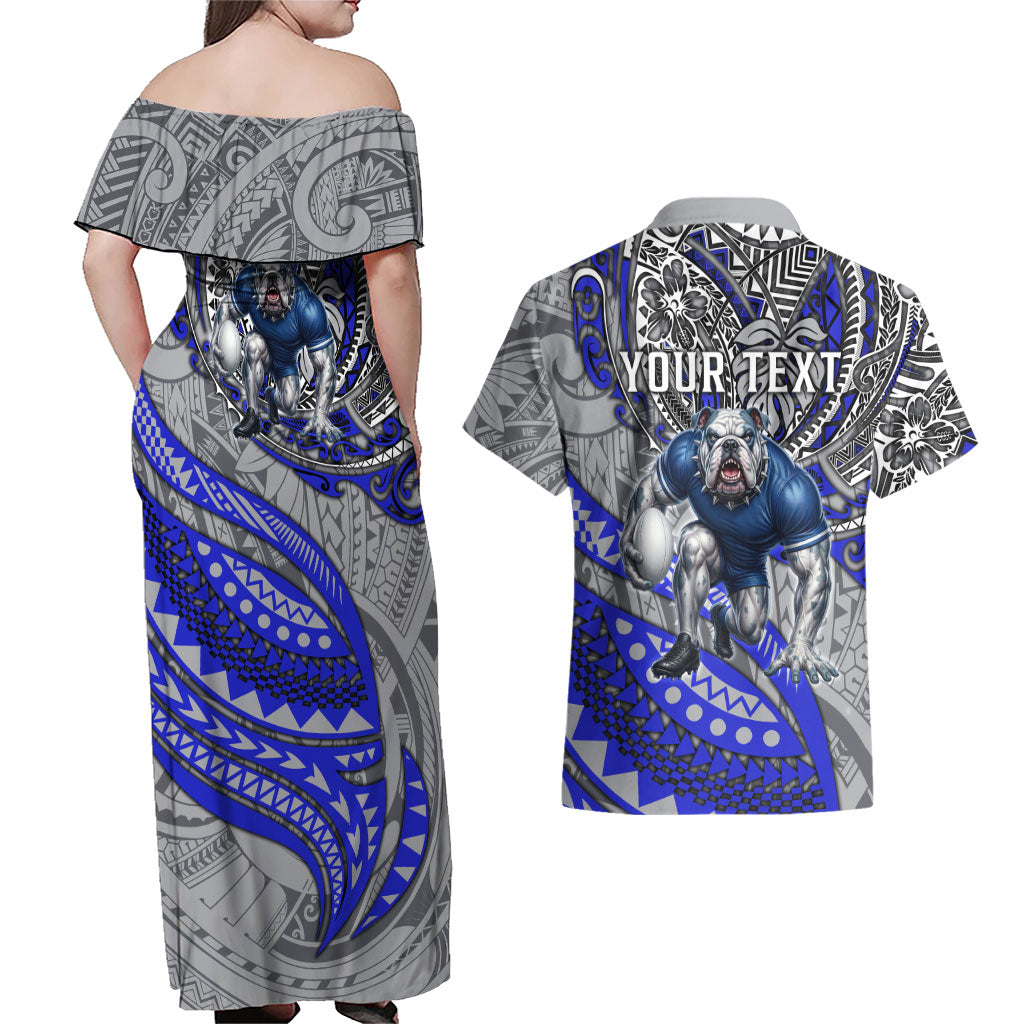 Personalised Canterbury-Bankstown Bulldogs Couples Matching Off Shoulder Maxi Dress and Hawaiian Shirt Polynesian Tribal Art Style With Powerful Bulldog Mascot