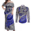 Personalised Canterbury-Bankstown Bulldogs Couples Matching Off Shoulder Maxi Dress and Long Sleeve Button Shirt Polynesian Tribal Art Style With Powerful Bulldog Mascot
