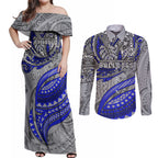 Personalised Canterbury-Bankstown Bulldogs Couples Matching Off Shoulder Maxi Dress and Long Sleeve Button Shirt Polynesian Tribal Art Style With Powerful Bulldog Mascot