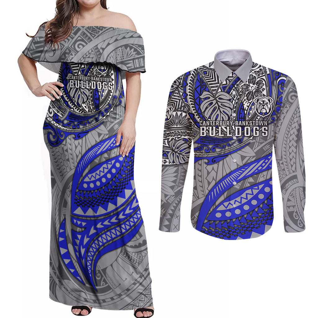 Personalised Canterbury-Bankstown Bulldogs Couples Matching Off Shoulder Maxi Dress and Long Sleeve Button Shirt Polynesian Tribal Art Style With Powerful Bulldog Mascot