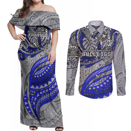 Personalised Canterbury-Bankstown Bulldogs Couples Matching Off Shoulder Maxi Dress and Long Sleeve Button Shirt Polynesian Tribal Art Style With Powerful Bulldog Mascot