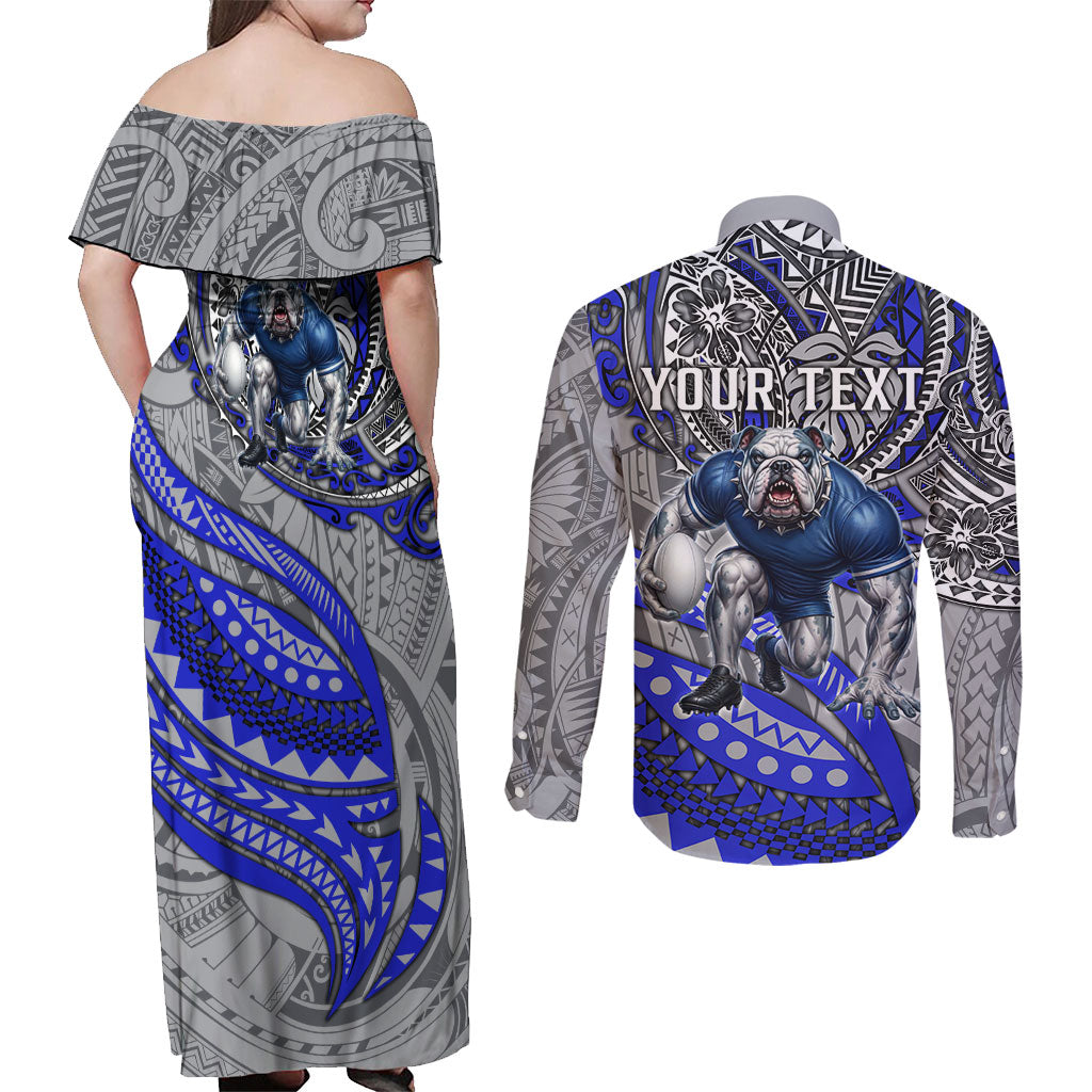 Personalised Canterbury-Bankstown Bulldogs Couples Matching Off Shoulder Maxi Dress and Long Sleeve Button Shirt Polynesian Tribal Art Style With Powerful Bulldog Mascot
