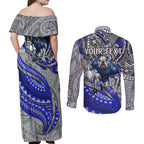 Personalised Canterbury-Bankstown Bulldogs Couples Matching Off Shoulder Maxi Dress and Long Sleeve Button Shirt Polynesian Tribal Art Style With Powerful Bulldog Mascot