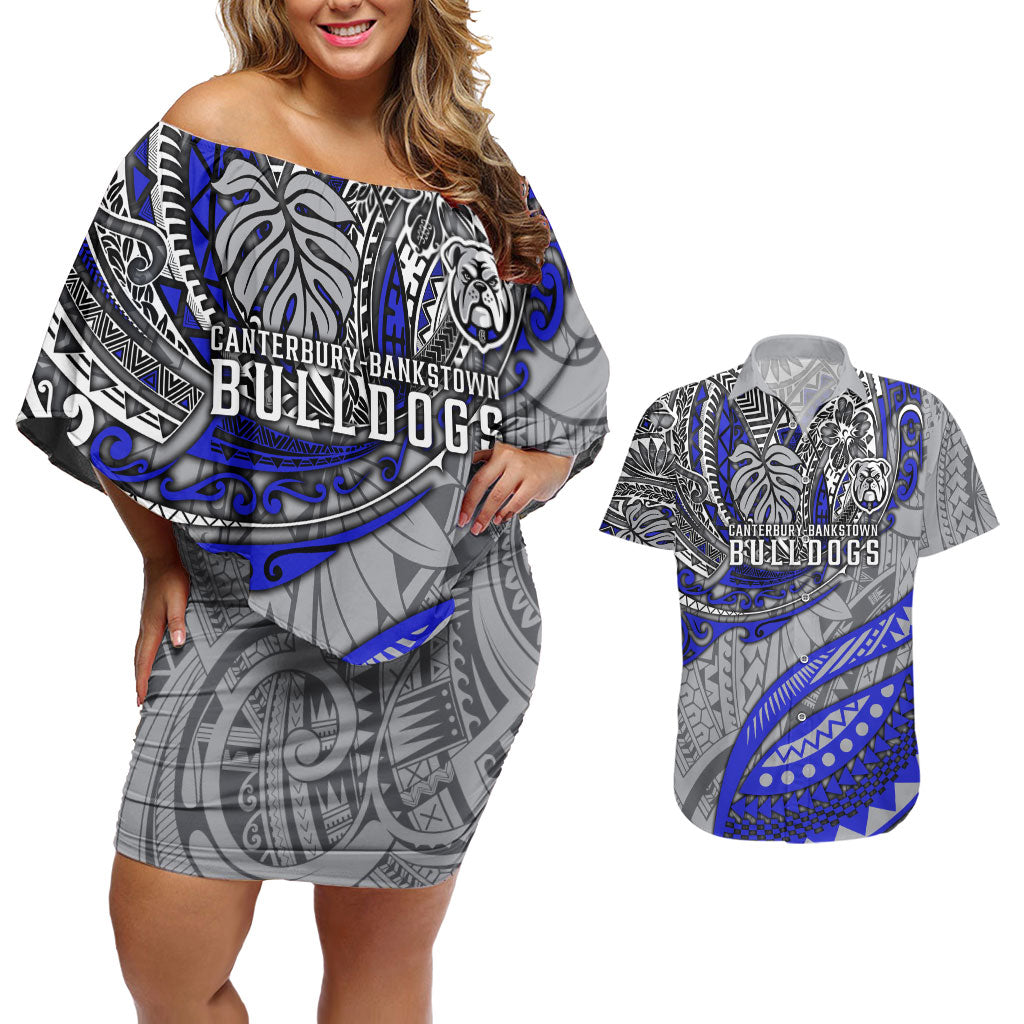 Personalised Canterbury-Bankstown Bulldogs Couples Matching Off Shoulder Short Dress and Hawaiian Shirt Polynesian Tribal Art Style With Powerful Bulldog Mascot
