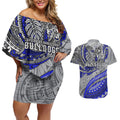 Personalised Canterbury-Bankstown Bulldogs Couples Matching Off Shoulder Short Dress and Hawaiian Shirt Polynesian Tribal Art Style With Powerful Bulldog Mascot