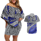 Personalised Canterbury-Bankstown Bulldogs Couples Matching Off Shoulder Short Dress and Hawaiian Shirt Polynesian Tribal Art Style With Powerful Bulldog Mascot