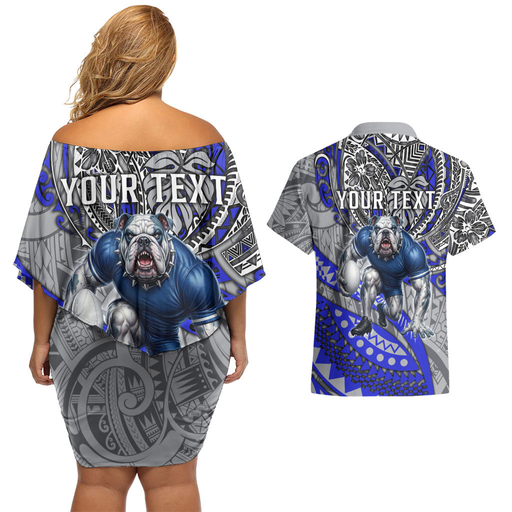Personalised Canterbury-Bankstown Bulldogs Couples Matching Off Shoulder Short Dress and Hawaiian Shirt Polynesian Tribal Art Style With Powerful Bulldog Mascot