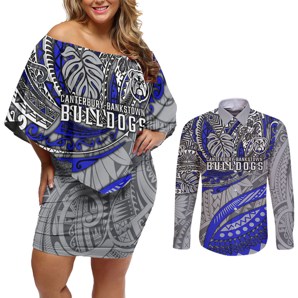 Personalised Canterbury-Bankstown Bulldogs Couples Matching Off Shoulder Short Dress and Long Sleeve Button Shirt Polynesian Tribal Art Style With Powerful Bulldog Mascot