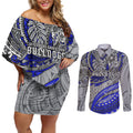 Personalised Canterbury-Bankstown Bulldogs Couples Matching Off Shoulder Short Dress and Long Sleeve Button Shirt Polynesian Tribal Art Style With Powerful Bulldog Mascot
