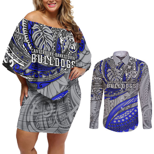 Personalised Canterbury-Bankstown Bulldogs Couples Matching Off Shoulder Short Dress and Long Sleeve Button Shirt Polynesian Tribal Art Style With Powerful Bulldog Mascot