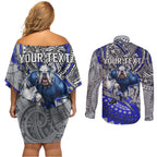 Personalised Canterbury-Bankstown Bulldogs Couples Matching Off Shoulder Short Dress and Long Sleeve Button Shirt Polynesian Tribal Art Style With Powerful Bulldog Mascot