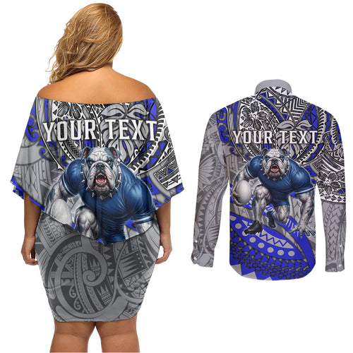 Personalised Canterbury-Bankstown Bulldogs Couples Matching Off Shoulder Short Dress and Long Sleeve Button Shirt Polynesian Tribal Art Style With Powerful Bulldog Mascot