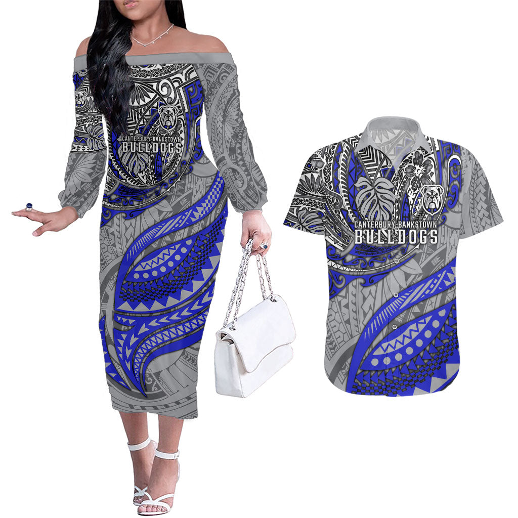 Personalised Canterbury-Bankstown Bulldogs Couples Matching Off The Shoulder Long Sleeve Dress and Hawaiian Shirt Polynesian Tribal Art Style With Powerful Bulldog Mascot