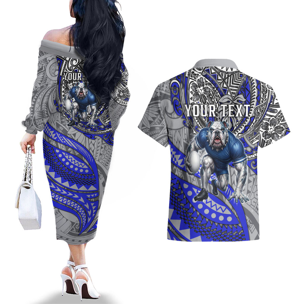 Personalised Canterbury-Bankstown Bulldogs Couples Matching Off The Shoulder Long Sleeve Dress and Hawaiian Shirt Polynesian Tribal Art Style With Powerful Bulldog Mascot