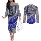Personalised Canterbury-Bankstown Bulldogs Couples Matching Off The Shoulder Long Sleeve Dress and Long Sleeve Button Shirt Polynesian Tribal Art Style With Powerful Bulldog Mascot