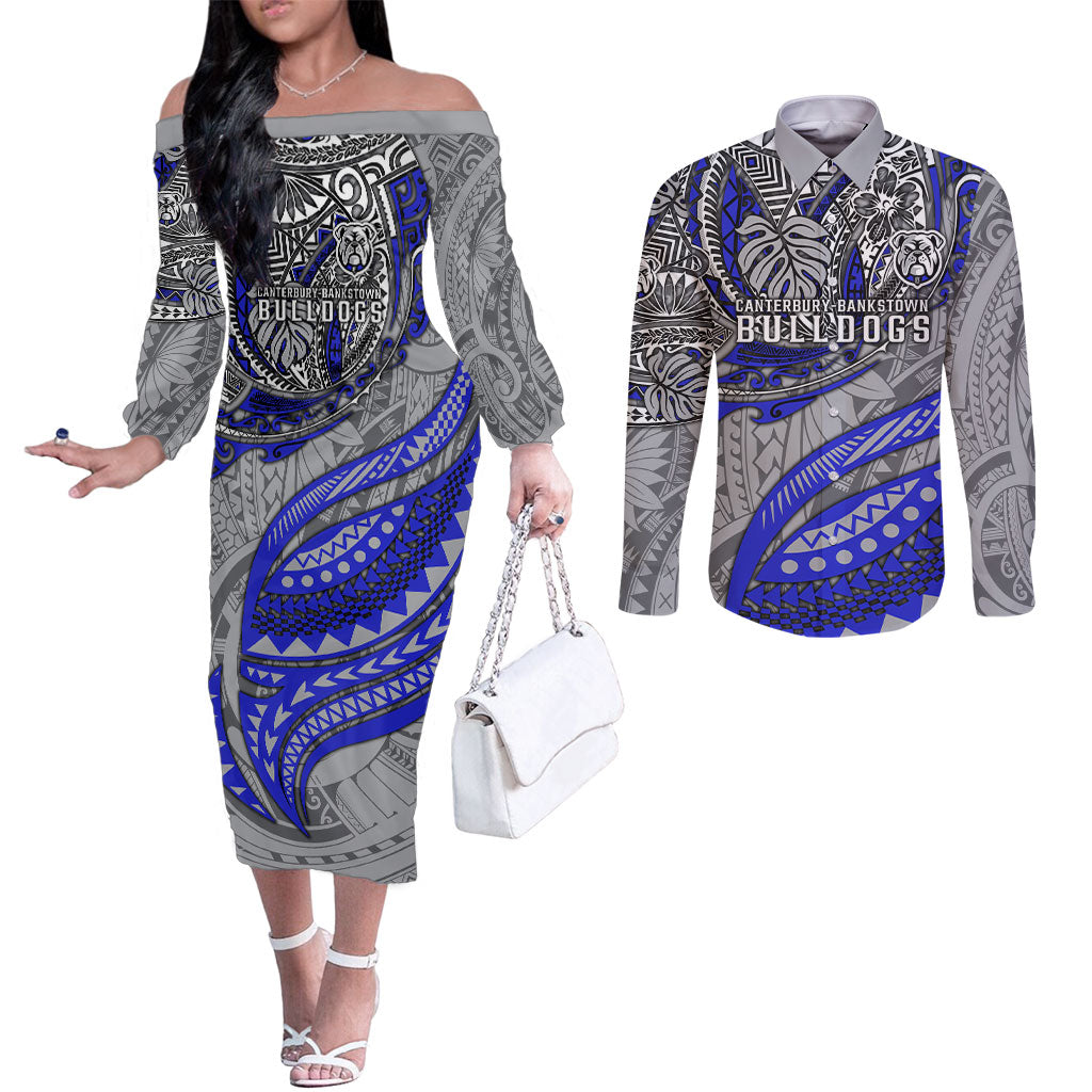 Personalised Canterbury-Bankstown Bulldogs Couples Matching Off The Shoulder Long Sleeve Dress and Long Sleeve Button Shirt Polynesian Tribal Art Style With Powerful Bulldog Mascot