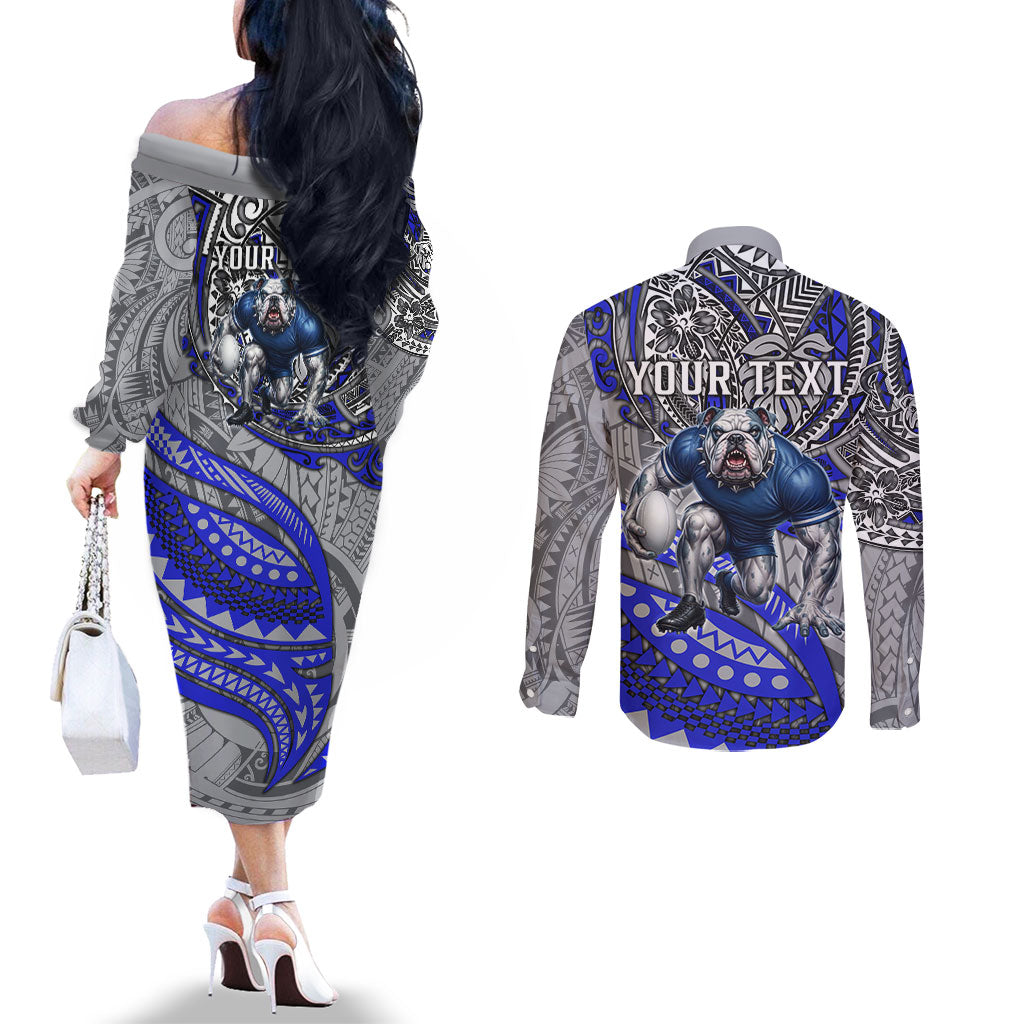 Personalised Canterbury-Bankstown Bulldogs Couples Matching Off The Shoulder Long Sleeve Dress and Long Sleeve Button Shirt Polynesian Tribal Art Style With Powerful Bulldog Mascot