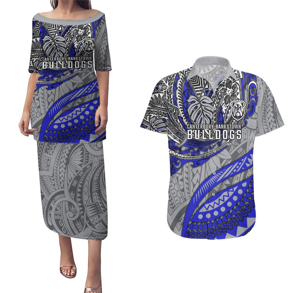 Personalised Canterbury-Bankstown Bulldogs Couples Matching Puletasi and Hawaiian Shirt Polynesian Tribal Art Style With Powerful Bulldog Mascot