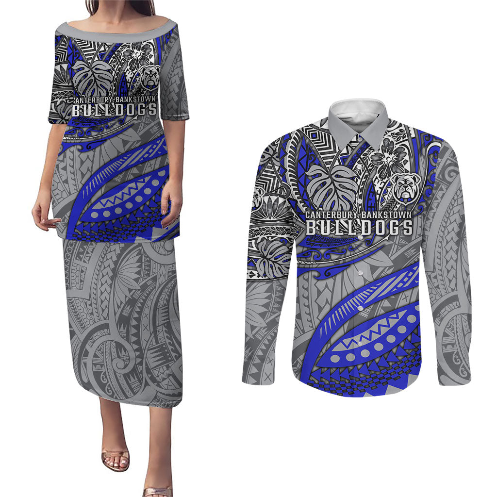 Personalised Canterbury-Bankstown Bulldogs Couples Matching Puletasi and Long Sleeve Button Shirt Polynesian Tribal Art Style With Powerful Bulldog Mascot