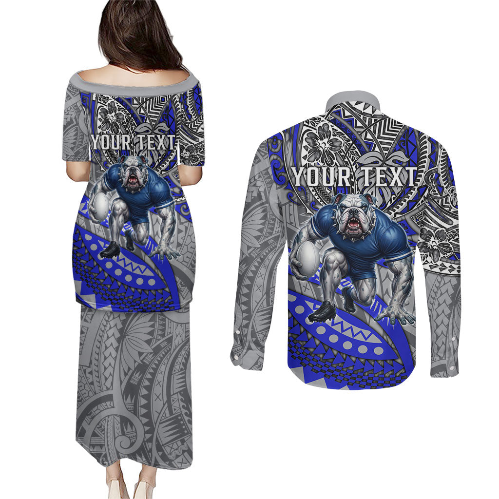 Personalised Canterbury-Bankstown Bulldogs Couples Matching Puletasi and Long Sleeve Button Shirt Polynesian Tribal Art Style With Powerful Bulldog Mascot