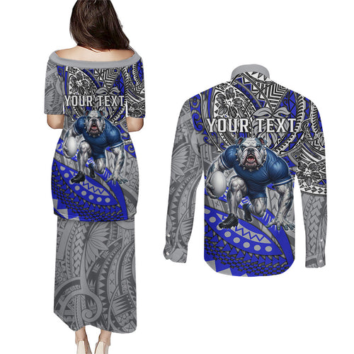 Personalised Canterbury-Bankstown Bulldogs Couples Matching Puletasi and Long Sleeve Button Shirt Polynesian Tribal Art Style With Powerful Bulldog Mascot