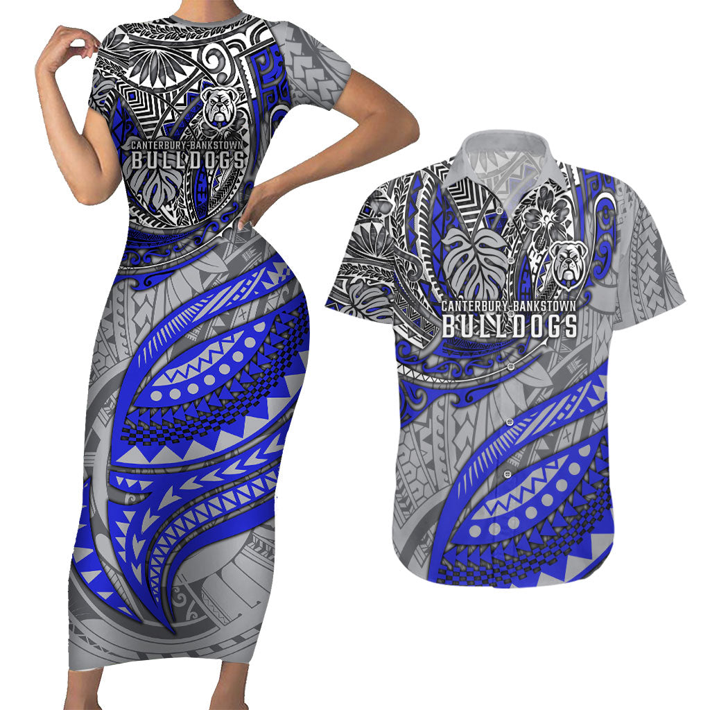 Personalised Canterbury-Bankstown Bulldogs Couples Matching Short Sleeve Bodycon Dress and Hawaiian Shirt Polynesian Tribal Art Style With Powerful Bulldog Mascot