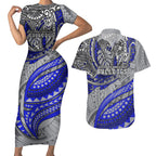 Personalised Canterbury-Bankstown Bulldogs Couples Matching Short Sleeve Bodycon Dress and Hawaiian Shirt Polynesian Tribal Art Style With Powerful Bulldog Mascot