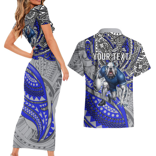 Personalised Canterbury-Bankstown Bulldogs Couples Matching Short Sleeve Bodycon Dress and Hawaiian Shirt Polynesian Tribal Art Style With Powerful Bulldog Mascot
