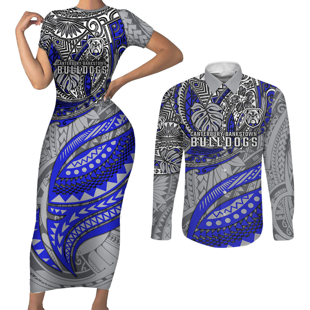 Personalised Canterbury-Bankstown Bulldogs Couples Matching Short Sleeve Bodycon Dress and Long Sleeve Button Shirt Polynesian Tribal Art Style With Powerful Bulldog Mascot