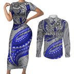 Personalised Canterbury-Bankstown Bulldogs Couples Matching Short Sleeve Bodycon Dress and Long Sleeve Button Shirt Polynesian Tribal Art Style With Powerful Bulldog Mascot