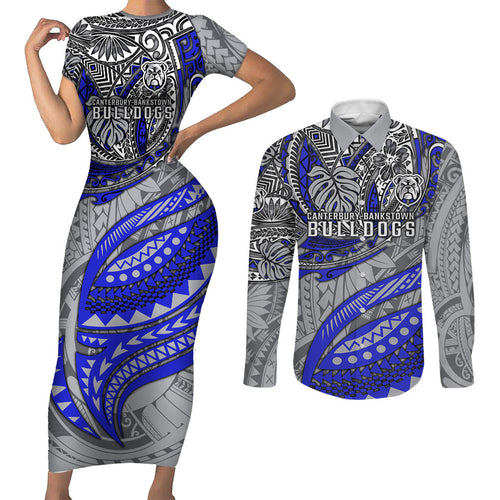 Personalised Canterbury-Bankstown Bulldogs Couples Matching Short Sleeve Bodycon Dress and Long Sleeve Button Shirt Polynesian Tribal Art Style With Powerful Bulldog Mascot