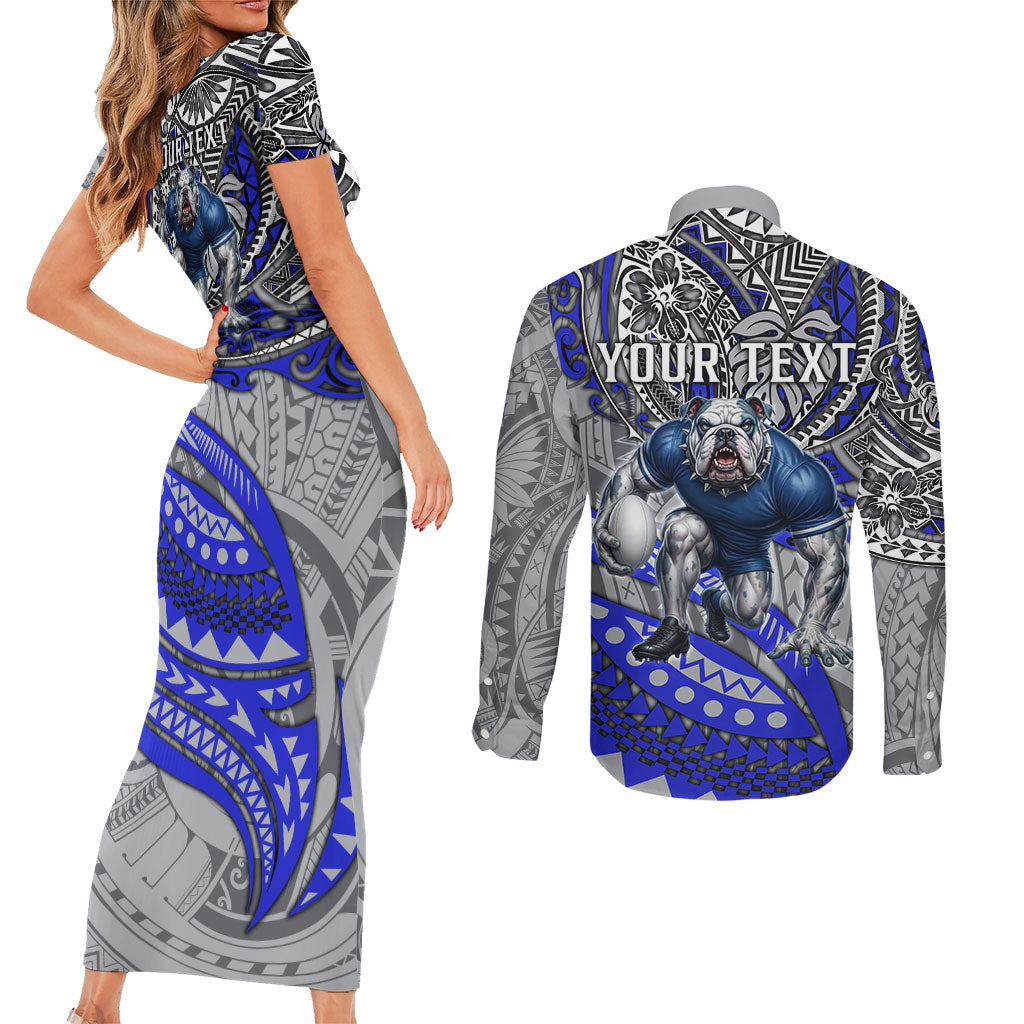 Personalised Canterbury-Bankstown Bulldogs Couples Matching Short Sleeve Bodycon Dress and Long Sleeve Button Shirt Polynesian Tribal Art Style With Powerful Bulldog Mascot