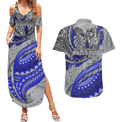 Personalised Canterbury-Bankstown Bulldogs Couples Matching Summer Maxi Dress and Hawaiian Shirt Polynesian Tribal Art Style With Powerful Bulldog Mascot