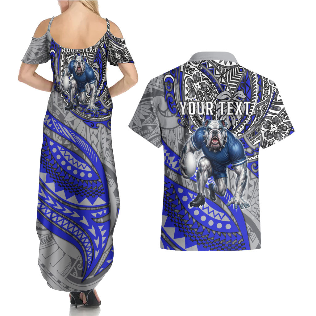 Personalised Canterbury-Bankstown Bulldogs Couples Matching Summer Maxi Dress and Hawaiian Shirt Polynesian Tribal Art Style With Powerful Bulldog Mascot
