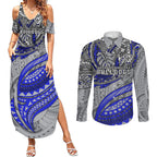 Personalised Canterbury-Bankstown Bulldogs Couples Matching Summer Maxi Dress and Long Sleeve Button Shirt Polynesian Tribal Art Style With Powerful Bulldog Mascot