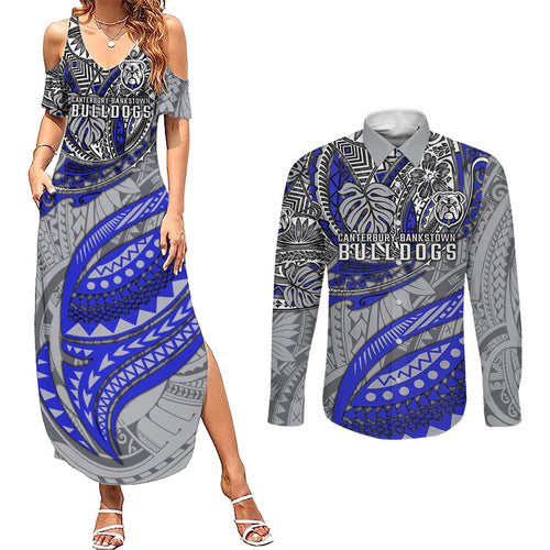 Personalised Canterbury-Bankstown Bulldogs Couples Matching Summer Maxi Dress and Long Sleeve Button Shirt Polynesian Tribal Art Style With Powerful Bulldog Mascot