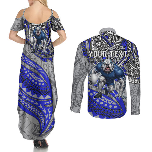 Personalised Canterbury-Bankstown Bulldogs Couples Matching Summer Maxi Dress and Long Sleeve Button Shirt Polynesian Tribal Art Style With Powerful Bulldog Mascot