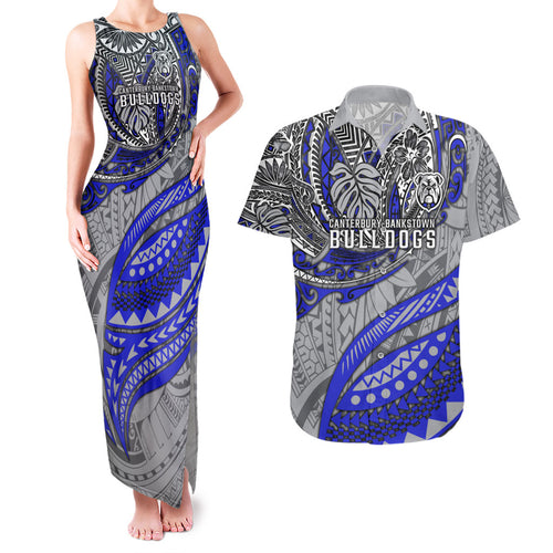 Personalised Canterbury-Bankstown Bulldogs Couples Matching Tank Maxi Dress and Hawaiian Shirt Polynesian Tribal Art Style With Powerful Bulldog Mascot