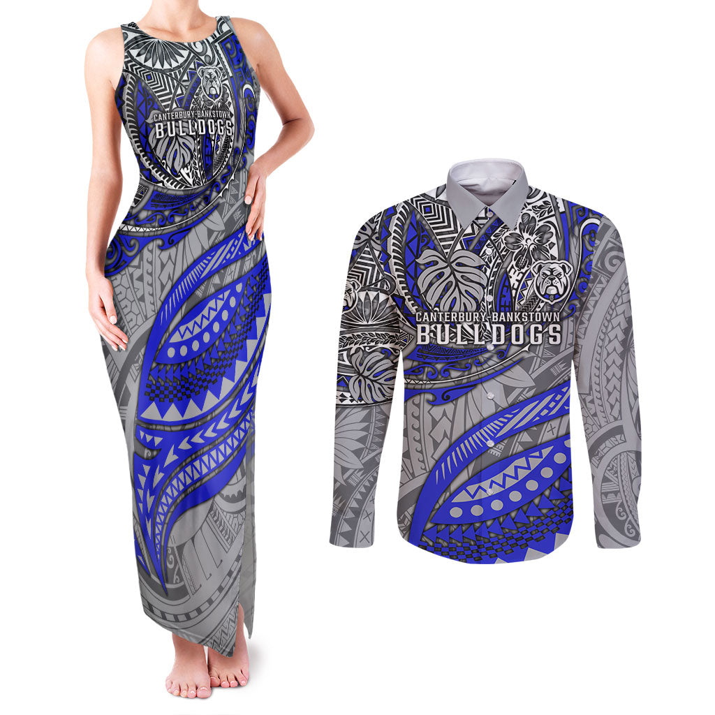 Personalised Canterbury-Bankstown Bulldogs Couples Matching Tank Maxi Dress and Long Sleeve Button Shirt Polynesian Tribal Art Style With Powerful Bulldog Mascot