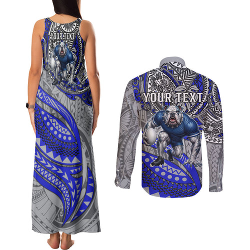 Personalised Canterbury-Bankstown Bulldogs Couples Matching Tank Maxi Dress and Long Sleeve Button Shirt Polynesian Tribal Art Style With Powerful Bulldog Mascot