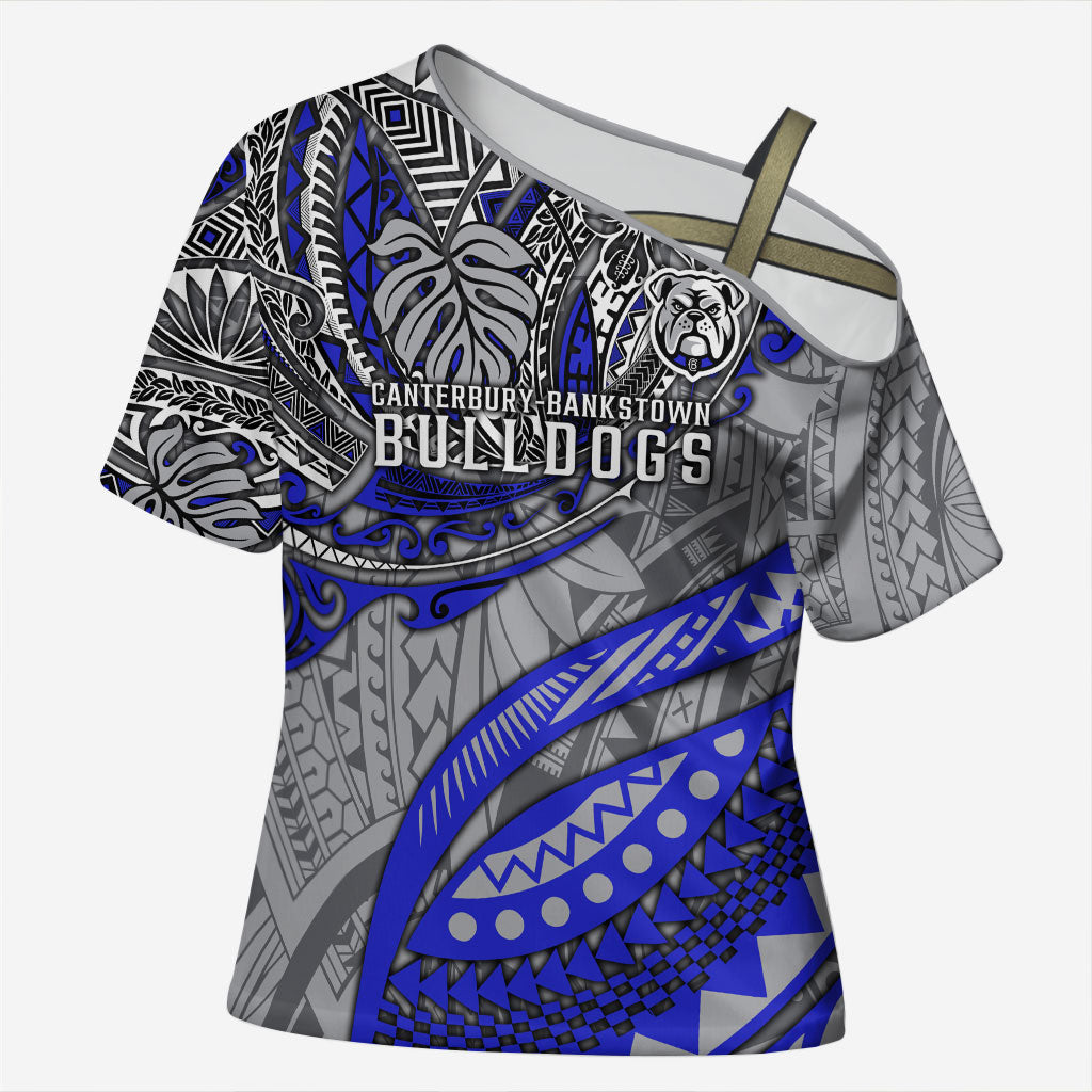 Personalised Canterbury-Bankstown Bulldogs Cross Shoulder Shirt Polynesian Tribal Art Style With Powerful Bulldog Mascot