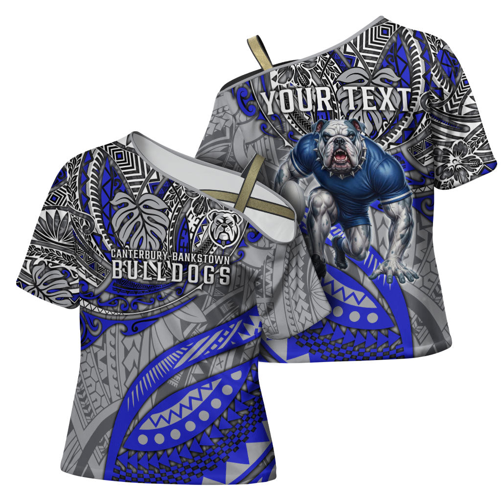 Personalised Canterbury-Bankstown Bulldogs Cross Shoulder Shirt Polynesian Tribal Art Style With Powerful Bulldog Mascot