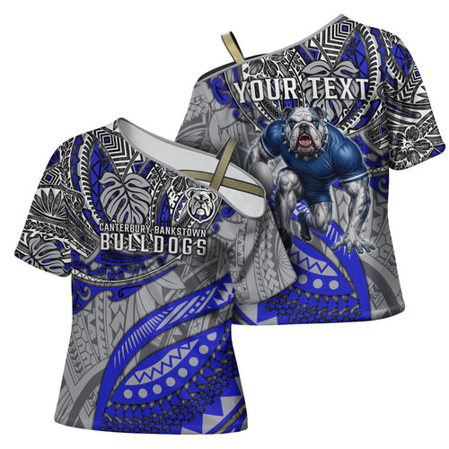 Personalised Canterbury-Bankstown Bulldogs Cross Shoulder Shirt Polynesian Tribal Art Style With Powerful Bulldog Mascot